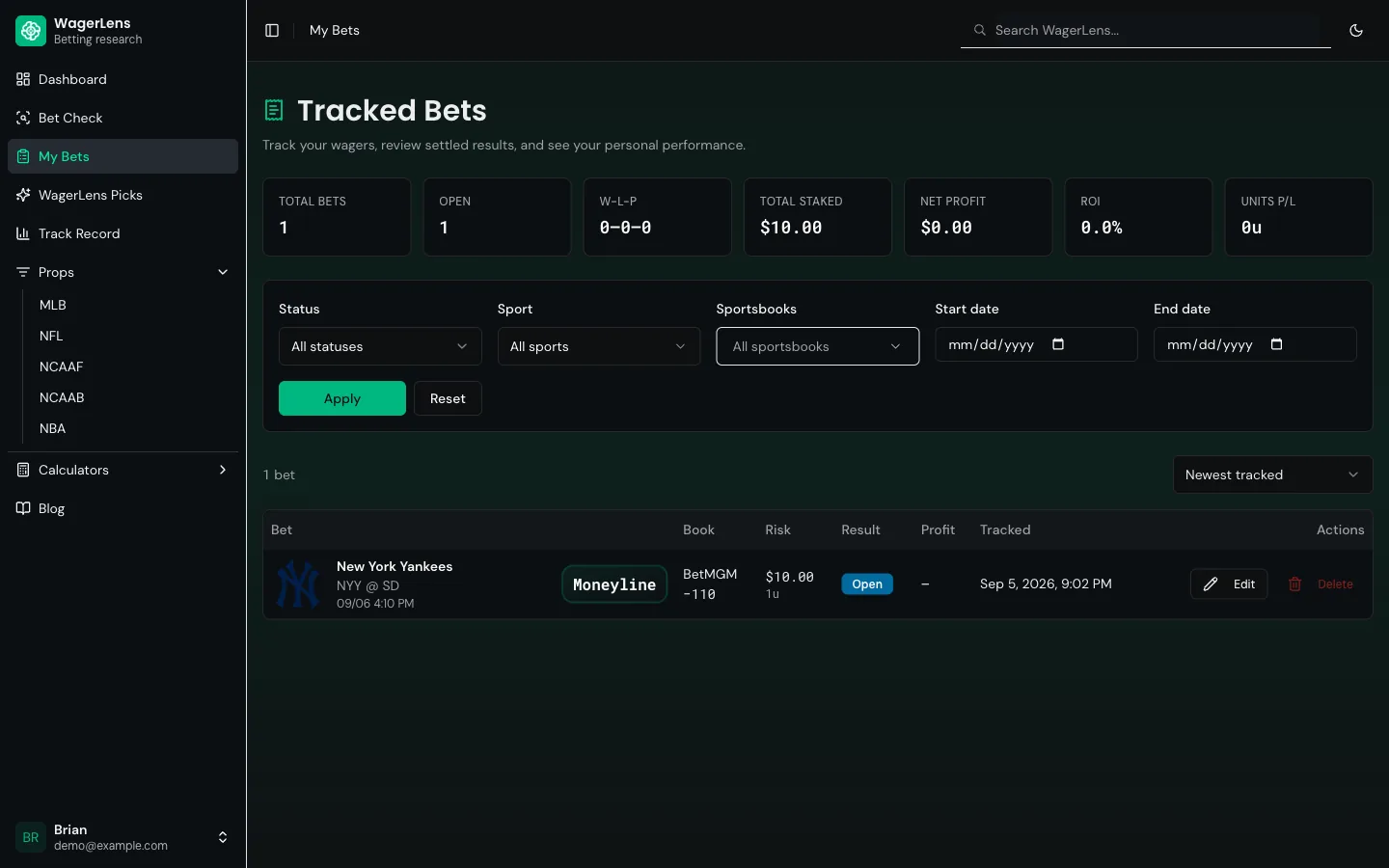 The My Bets page showing the summary metrics, status and sport filters, and a table row for an open Yankees moneyline bet tracked at −110 on BetMGM