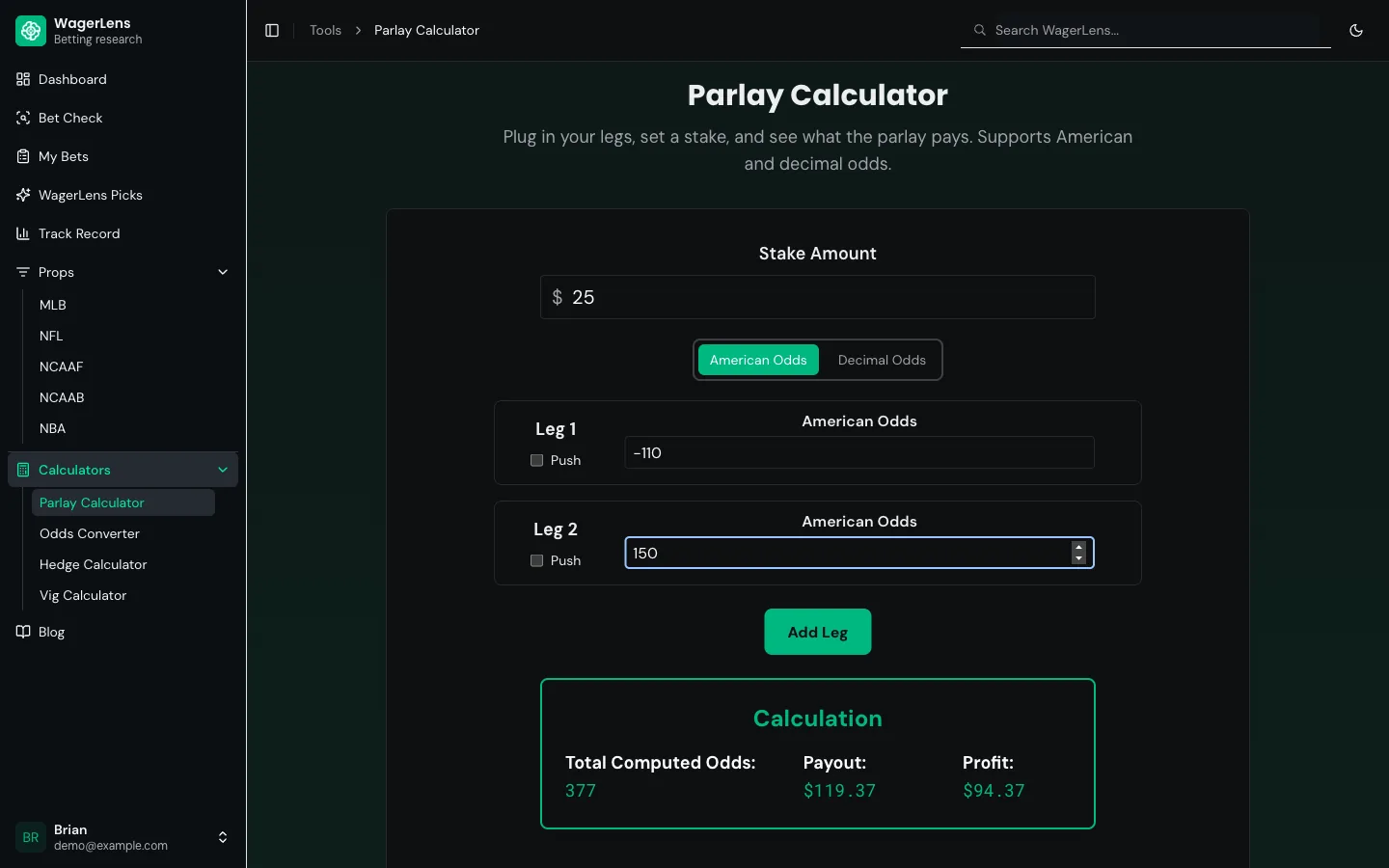 The WagerLens parlay calculator showing leg odds inputs and the calculated payout