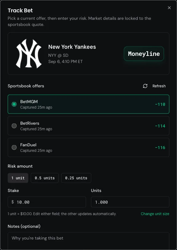 The Track Bet dialog showing three sportsbook offers with capture times, quick unit buttons for 1, 0.5 and 0.25 units, stake and units fields, and an optional notes box
