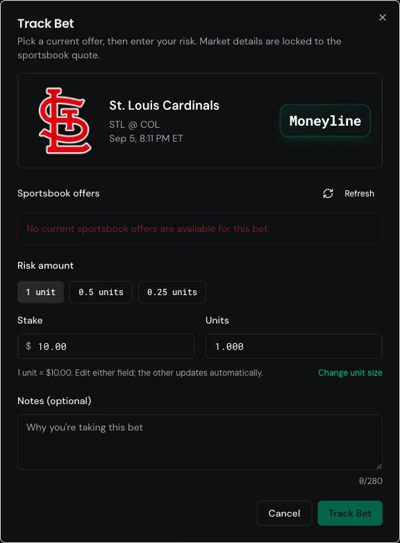 The Track Bet dialog showing the message "No current sportsbook offers are available for this bet" with the Track Bet button disabled