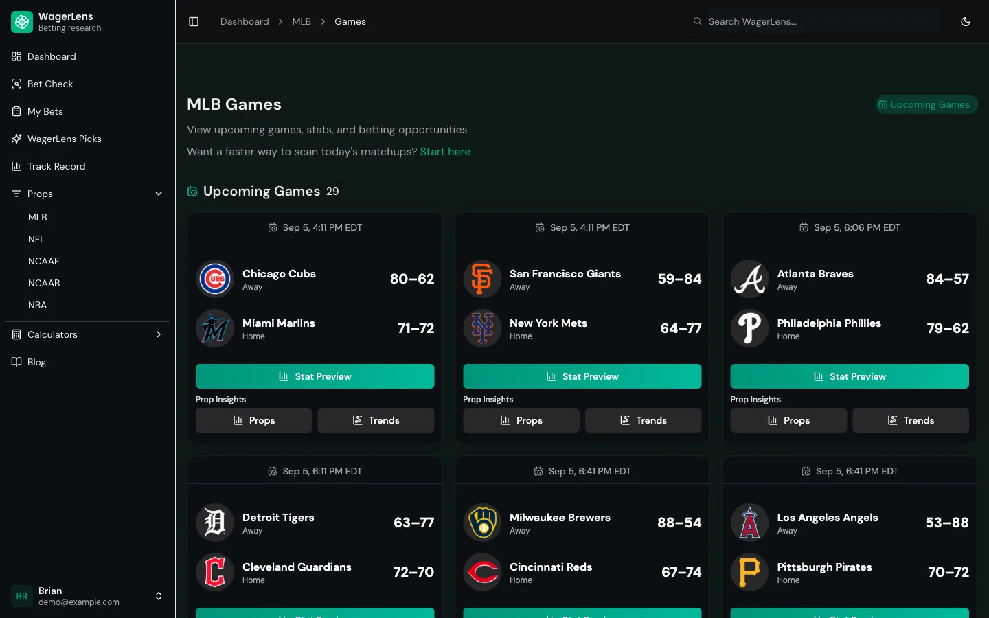 The upcoming MLB games screen showing game cards with start times, away and home teams with win-loss records, betting lines, and the Props button